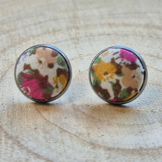 Vintage Liberty 12mm Stud Earrings - Yellow Pink Ditsy Floral
