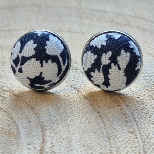 Vintage Liberty 14mm Stud Earrings - Navy Leafy Vine