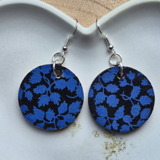 Vintage Liberty Circle Dangle Earrings - Blue Leafy Vine