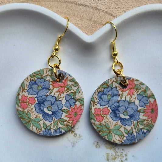 Vintage Liberty Circle Dangle Earrings - Peach and Blue Floral