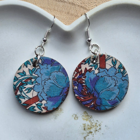 Vintage Liberty Circle Dangle Earrings - Teal Rust Floral