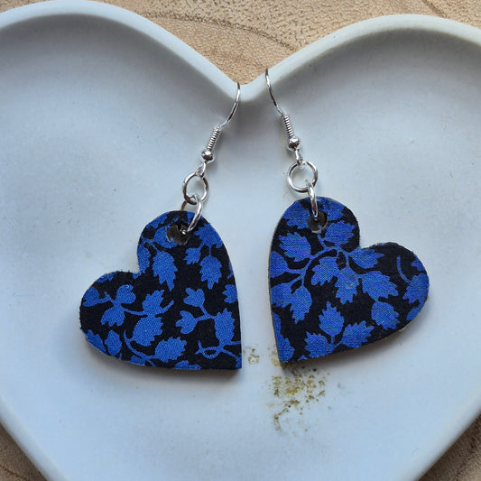 Vintage Liberty Heart Dangle Earrings - Blue Leafy Vine
