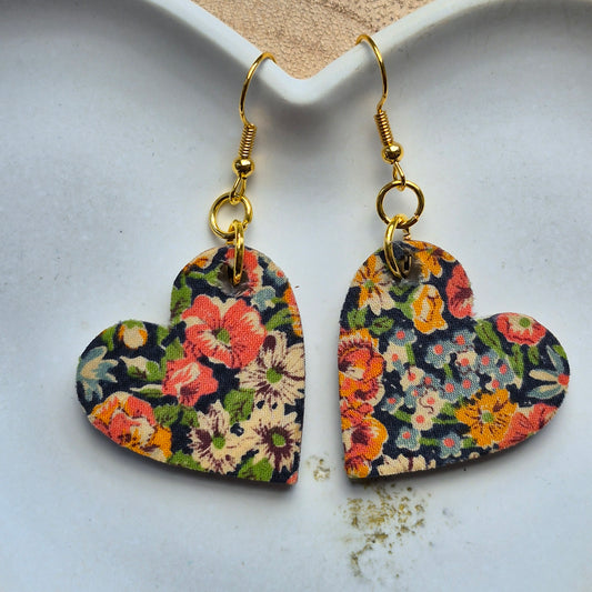 Vintage Liberty Heart Dangle Earrings - Orange Floral