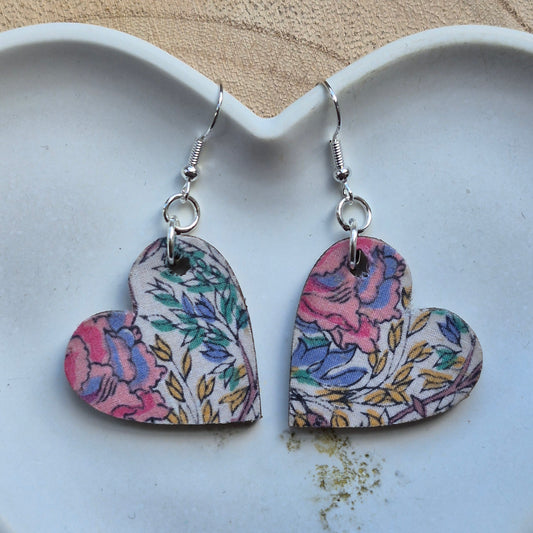 Vintage Liberty Heart Dangle Earrings - Pastel Floral