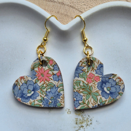 Vintage Liberty Heart Dangle Earrings - Peach and Blue Floral