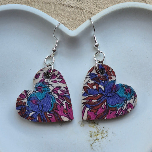 Vintage Liberty Heart Dangle Earrings - Teal Rust Floral
