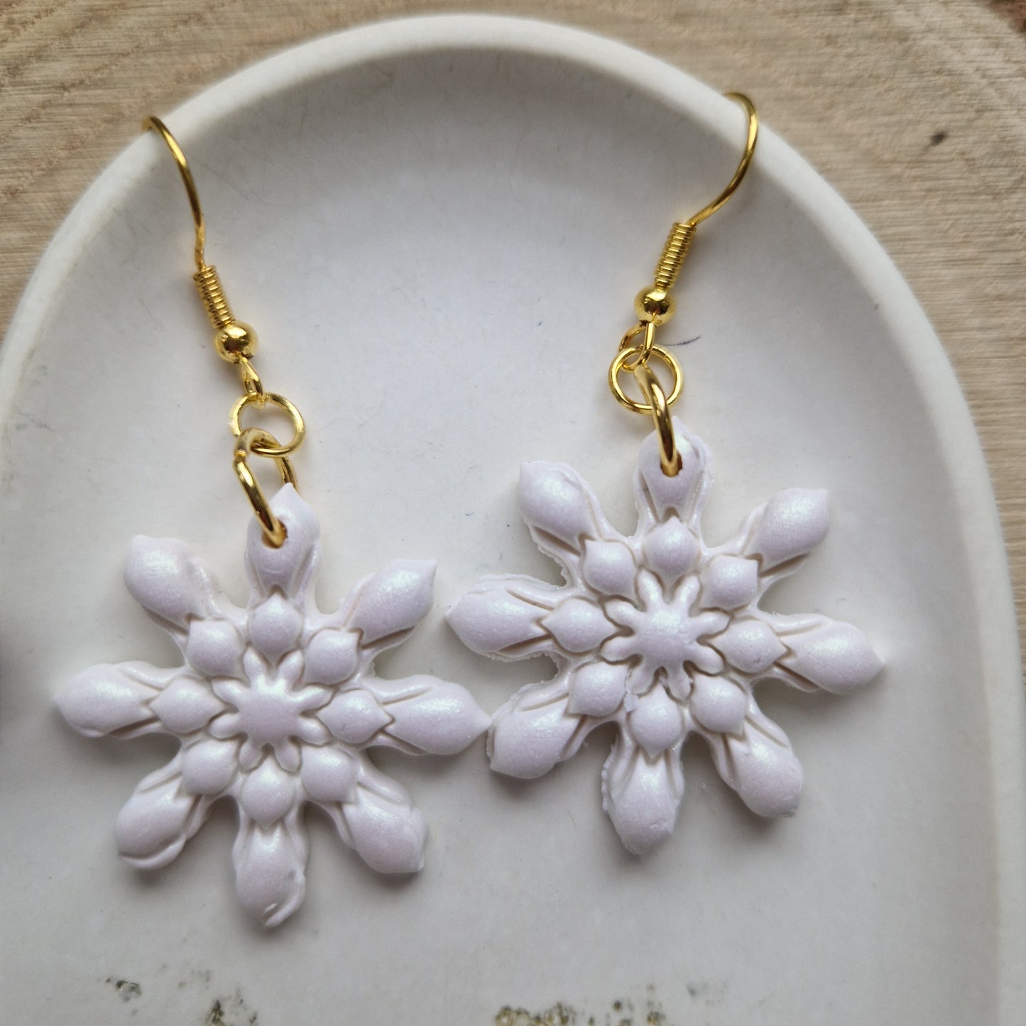 Clay Snowflake Earrings - Winter in Pearl Green