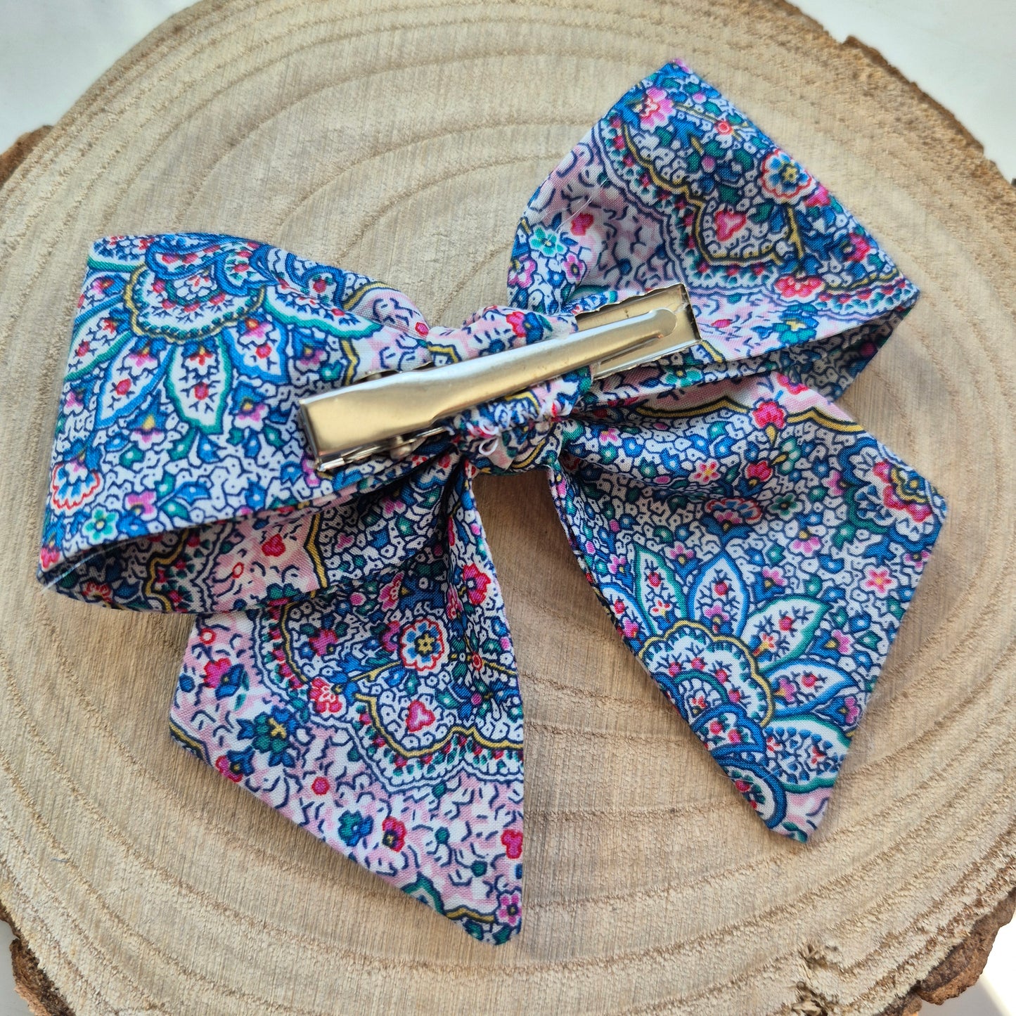 Vintage Liberty Print Mini Hair Bow Clip - Blue Ditsy Paisley