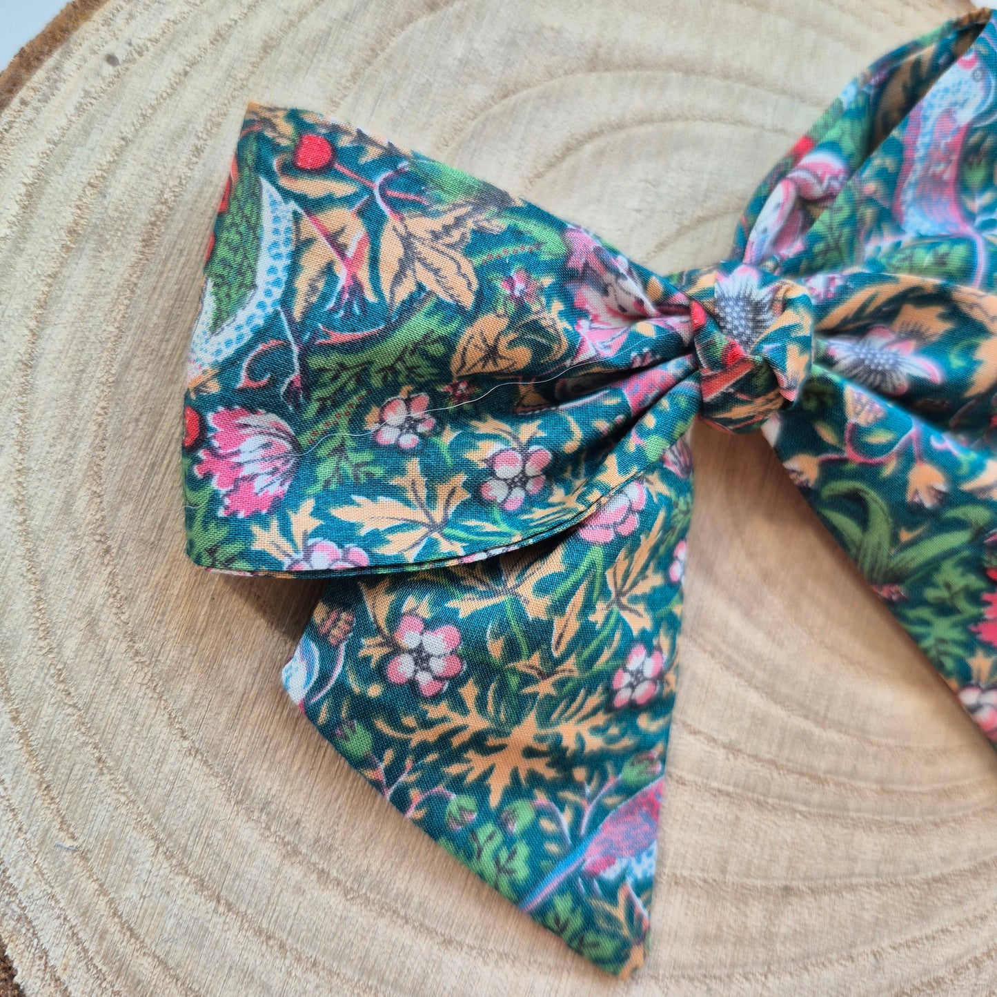 Vintage Liberty Print Mini Hair Bow Clip - Green Birds