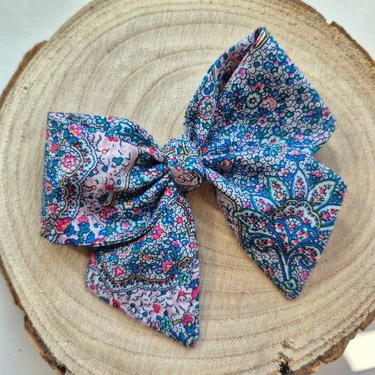 Vintage Liberty Print Mini Hair Bow Clip - Blue Ditsy Paisley