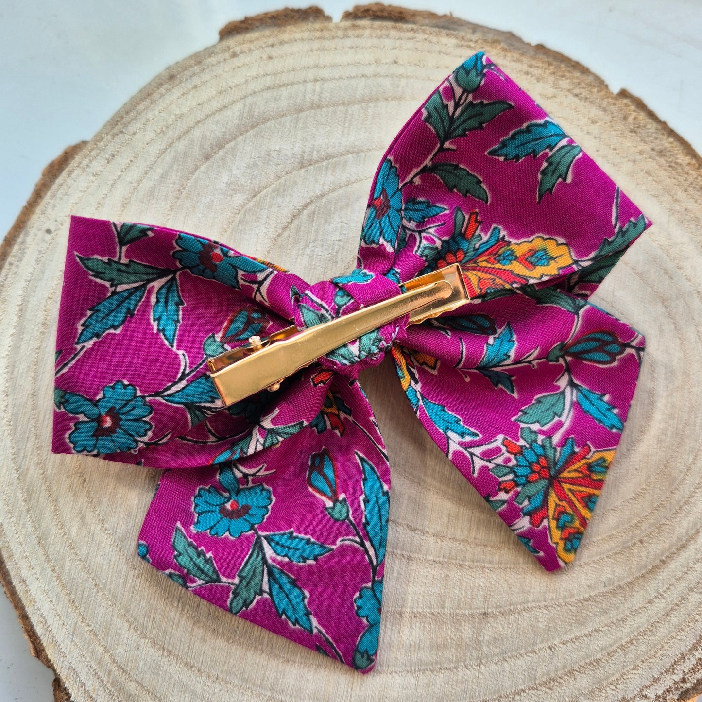 Vintage Liberty Print Mini Hair Bow Clip - Modern Floral in Fuchsia