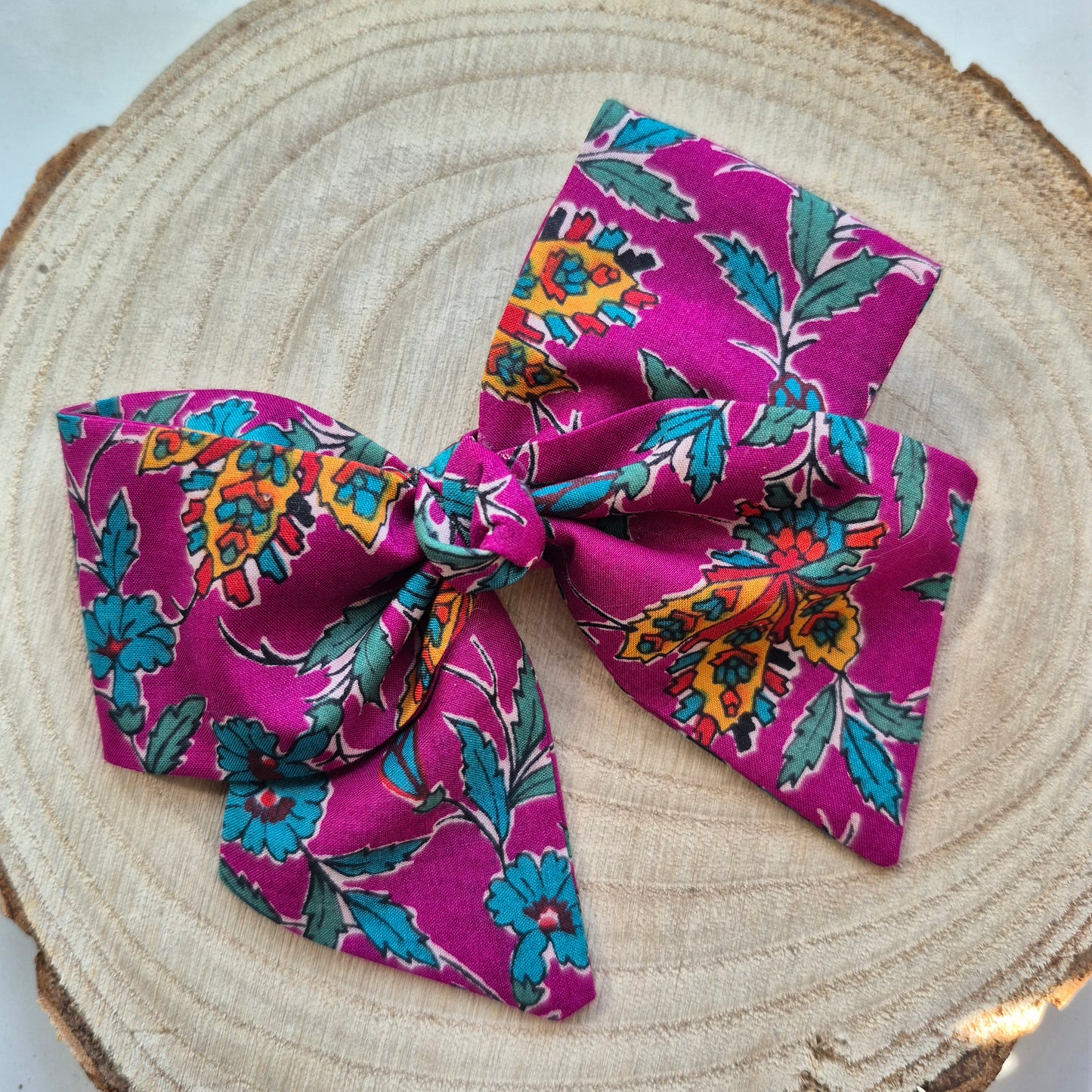 Vintage Liberty Print Mini Hair Bow Clip - Modern Floral in Fuchsia