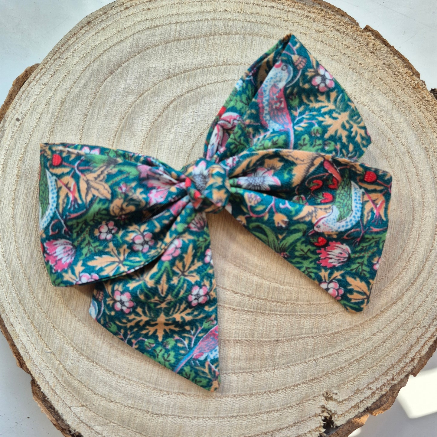 Vintage Liberty Print Mini Hair Bow Clip - Green Birds